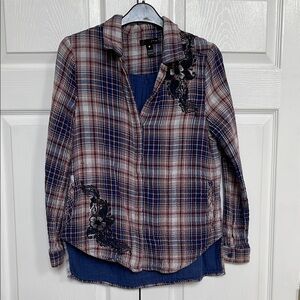 Aqua - Plaid Button-Up flannel Shirt with Lace Accents - S